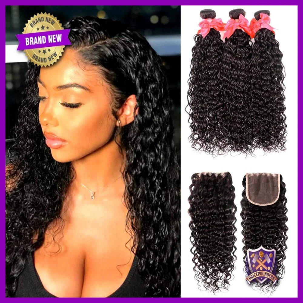Brazilian Human Hair Extensions Water Wave Bundles with 4x4 Lace Closure